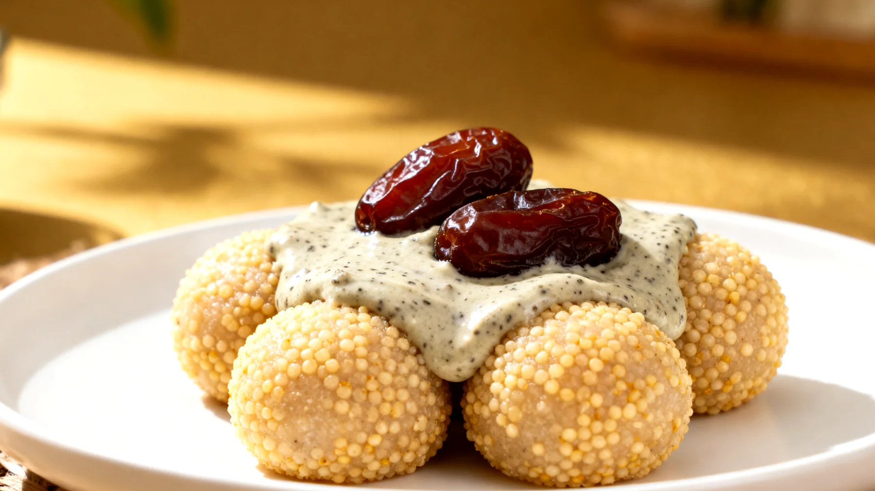 Mochi di miglio con crema di semi di canapa e datteri"