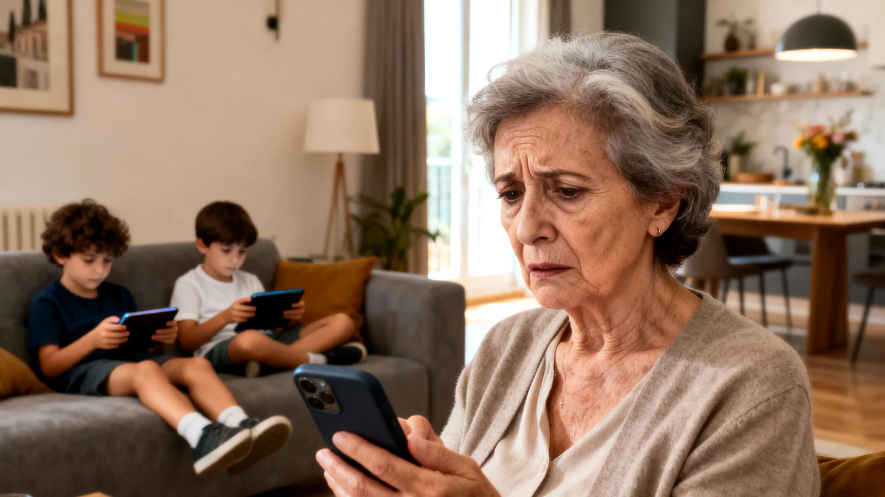 Nonna preoccupata perché i nipoti bambini utilizzano i social media in modo inappropriato, condividendo foto personali, chattando con sconosciuti o esponendosi a contenuti non adatti alla loro età, senza un'adeguata supervisione degli adulti"