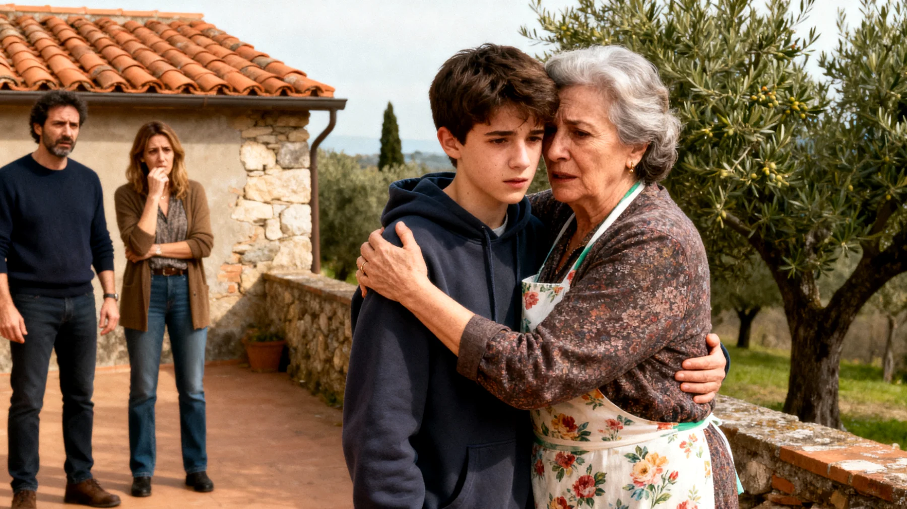Nonna che tende a proteggere eccessivamente i nipoti adolescenti, limitando la loro autonomia e creando tensioni con i genitori che vogliono responsabilizzarli"